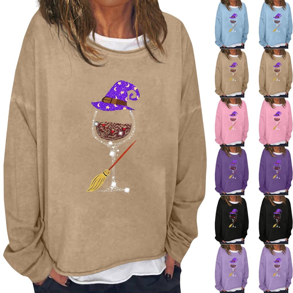 Dam Casual Mode Vintage Tryckt Långärmad O-Hals Sweatshirt Lager Pullover Topp