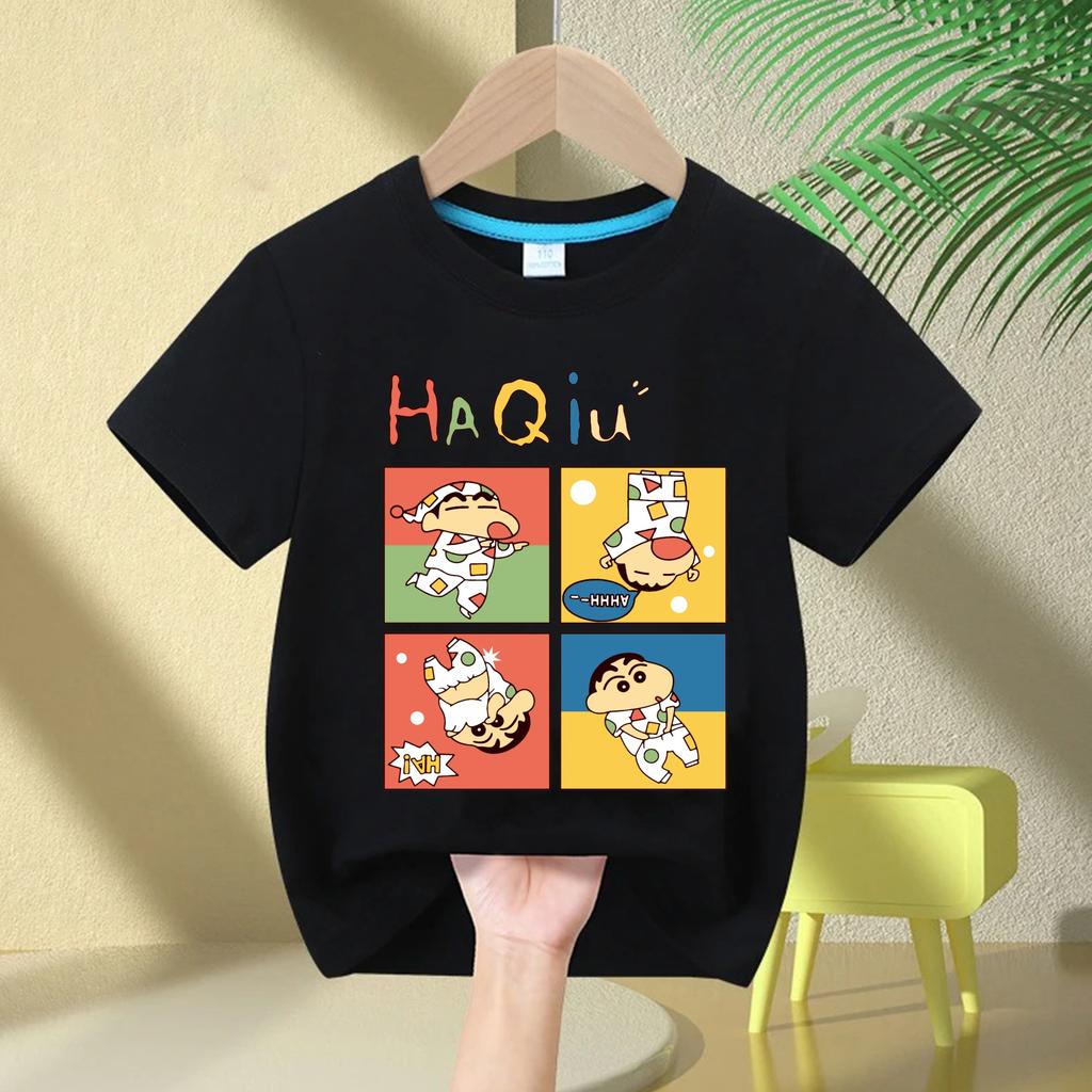 2026 New Summer Cotton Cartoon Crayon Shinchan Print TShirt Summer Fashion Casual Round Neck Cotton Childrens Top