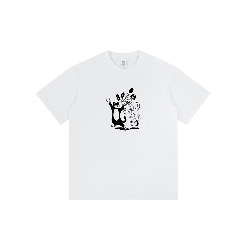 Unisex 2024 Summer Retro Cat Cartoon Boxing T-Shirt, Pure Cotton, Loose Fit