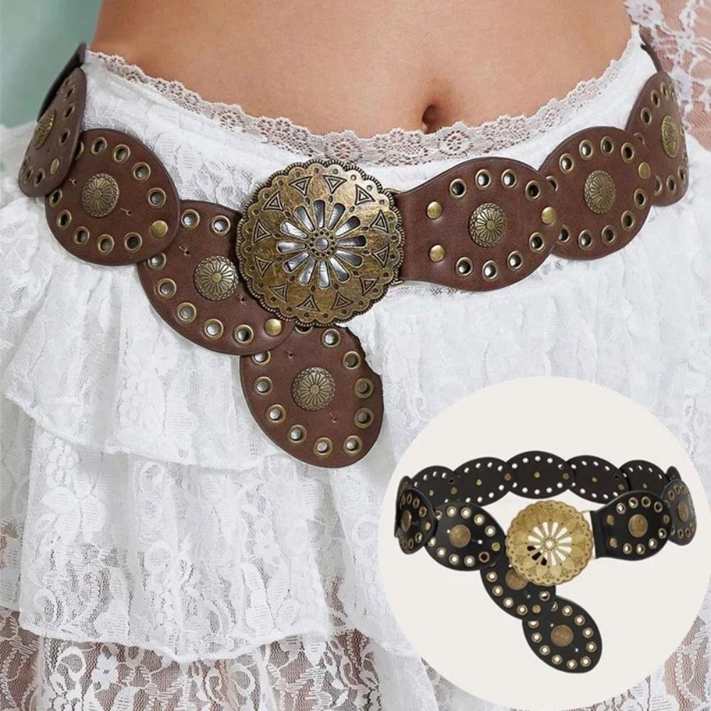 Round Western Style Cowboy Belts Y2K Ethnic Style Waistband Hollow Out Belts  Jeans Decorative