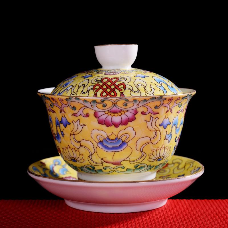HMLOVE Color Enamel Sancai Gaiwan White Porcelain Cover Bowl Lid Saucer Big Tea Cup Handmade Tureen Travel Teaware Set Gift