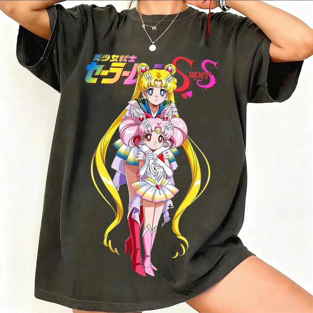 Sailor Moon Retro 90er Anime Grafik T-Shirt Sommer Baumwolle Unisex Damen Tee Streetwear Lässig Trend Kurzarm Paar Hip Hop Oberteil
