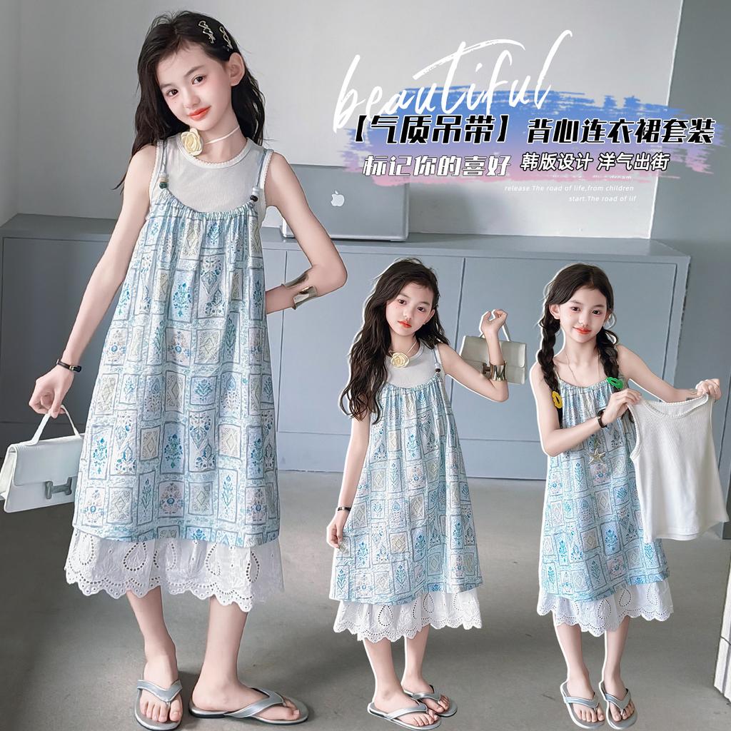 Sweet girl dress 2026 new western-style children's clothing, girls' summer clothes, floral suspender dress, princess dress