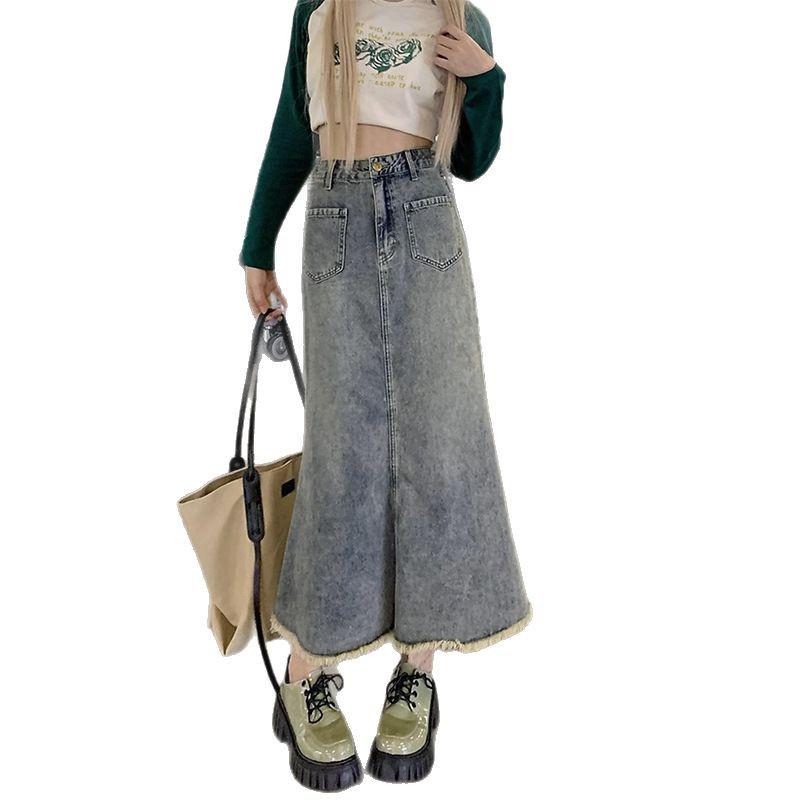 Vintage Washed Fishtail Denim Skirt - Women's High Street Raw Edge Design