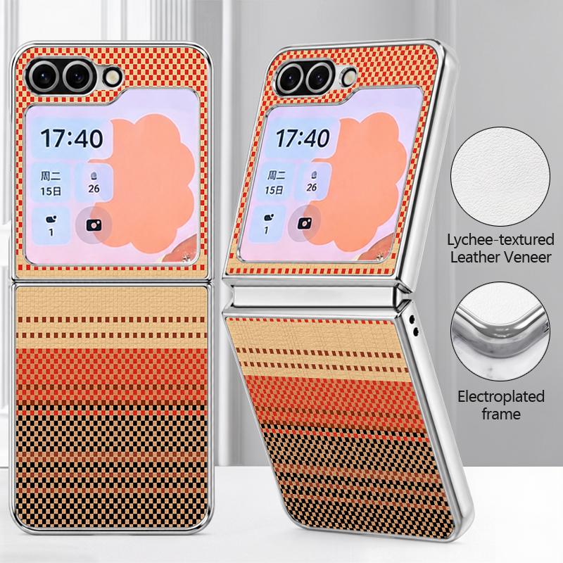 Geometric Cloth Texture Case For Samsung Galaxy Z FlIP 7 FE 6 5 Plating PC+PU Leather Hybrid Folding Cover For Samsung Z Flip7 Flip6 Flip5