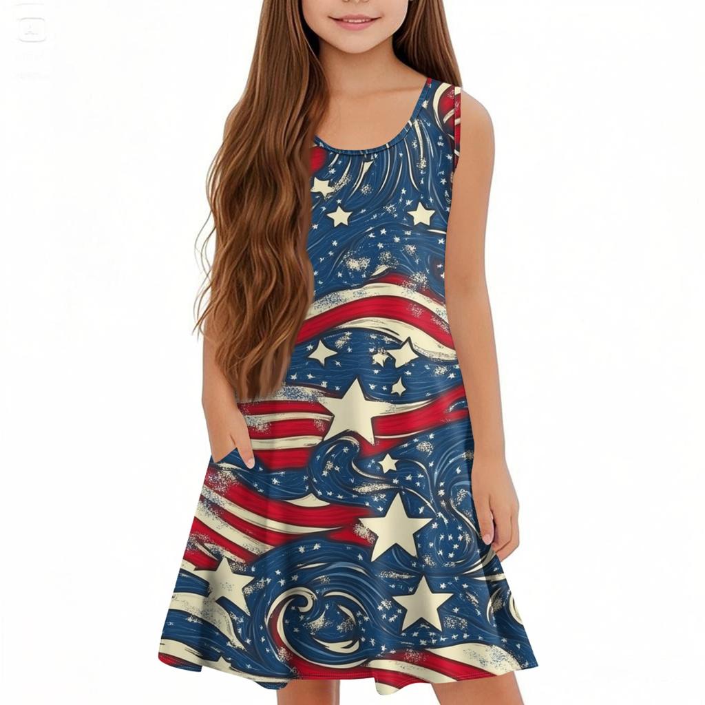 Children's Sleeveless U-neck Summer A-line Casual Independence Day Dress