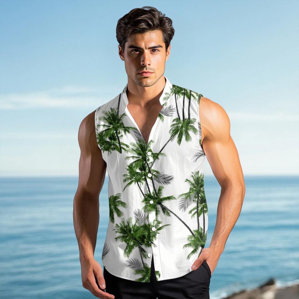 Men's Fashion Printed Sleeveless Lapel Button-Down Shirt Vest Top
