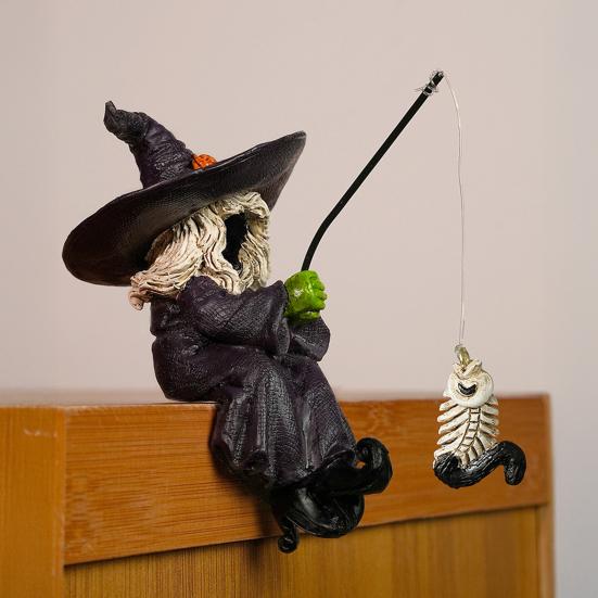 Halloween Fishing Witch Figurine Spooky Cartoon Witch Statue Resin Sculpture Home Office Desktop Holiday Party Decoration Ornament