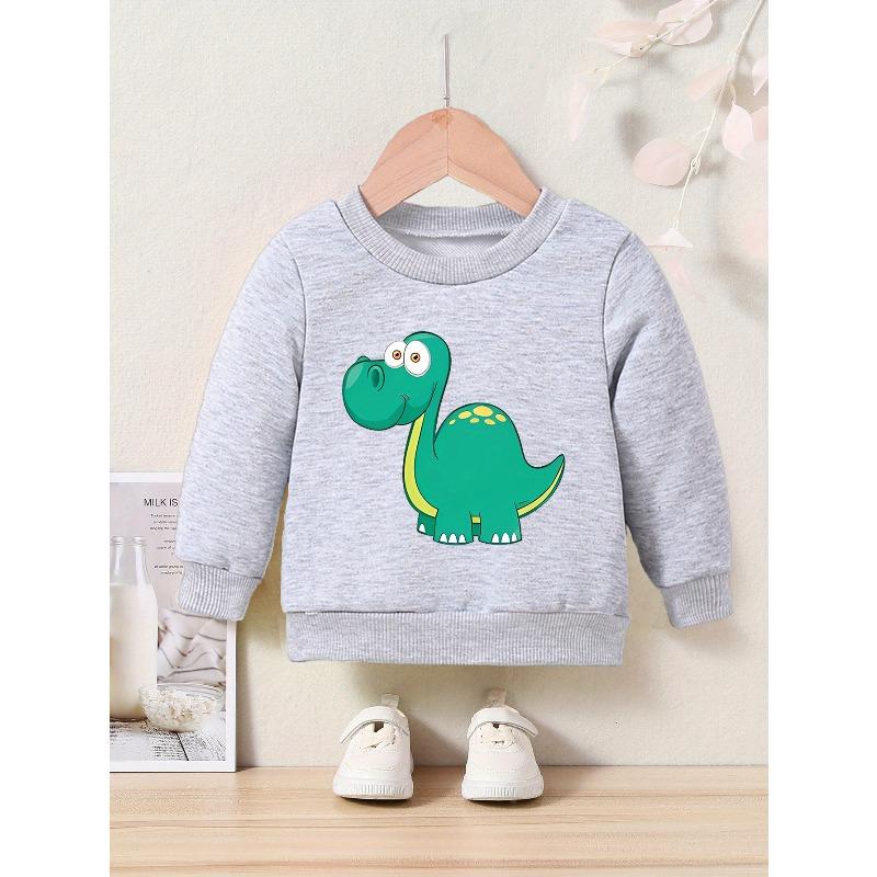 Kids Dinosaur Graphic Crew Neck Sweatshirt - Casual Pullover with Applique, Regular Fit, Slight Stretch - Perfect for Spring/Fall Season
