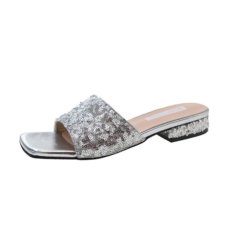 

French rhinestone sequined thick heel slippers women s summer wear 2025 new low-heeled silver sandals 35
