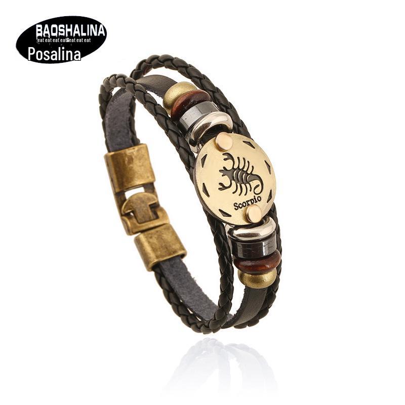 European Vintage Zodiac Leather Bracelet - Handwoven Astrological Charm for Men and Women