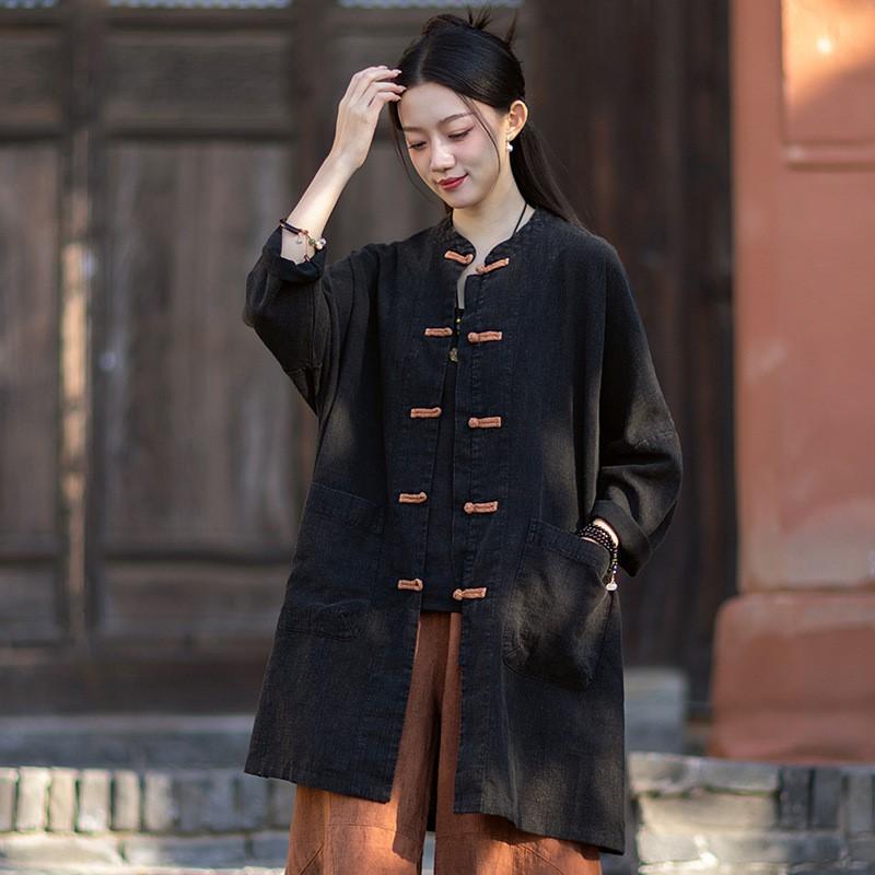 Johnature Women Shirts Vintage Tops Spring Chinese Style Button Solid Color Pockets Stand Long Shirts
