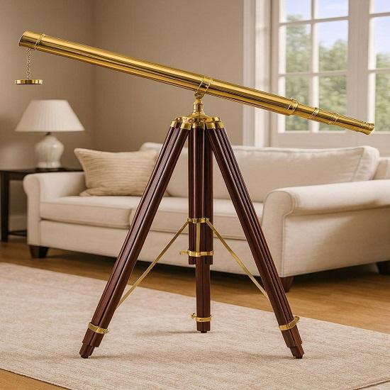 Brass Telescope On Wooden Tripod Unique Nautical Gift 99.06 Cm  Floor Decor for Him or Her