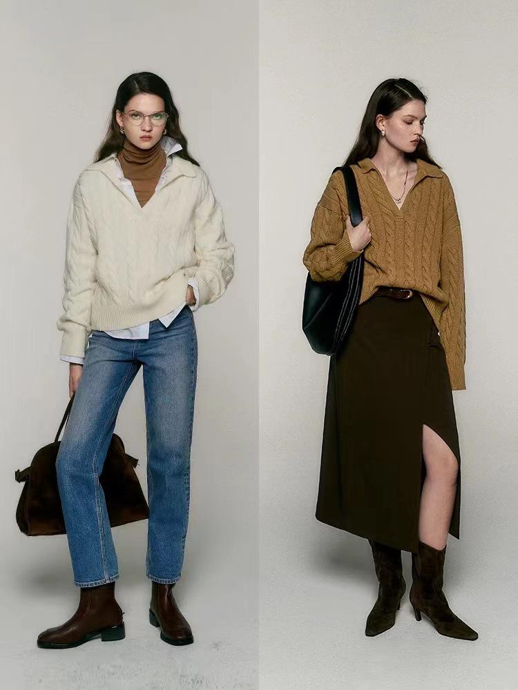 2024 Korean V-Neck 100% Pure Wool Loose Knit Pullover Sweater