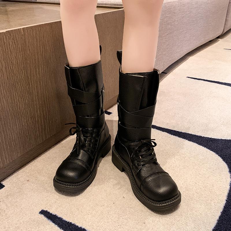 Fashion Retro British Style Mid-leg Boots Women's Spring and Summer New Block Heel Belt Buckle Versatile Single Boots