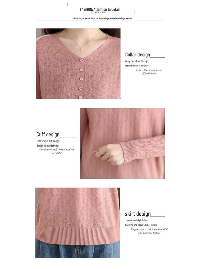 2025 Early Autumn Women's Korean V-neck Knitwear: Slimming Long Sleeve Solid Color Short Sweater