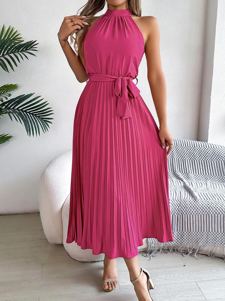 Women Elegant Stand Collar Sleeveless High Waist Pleated Solid Color Long Dress