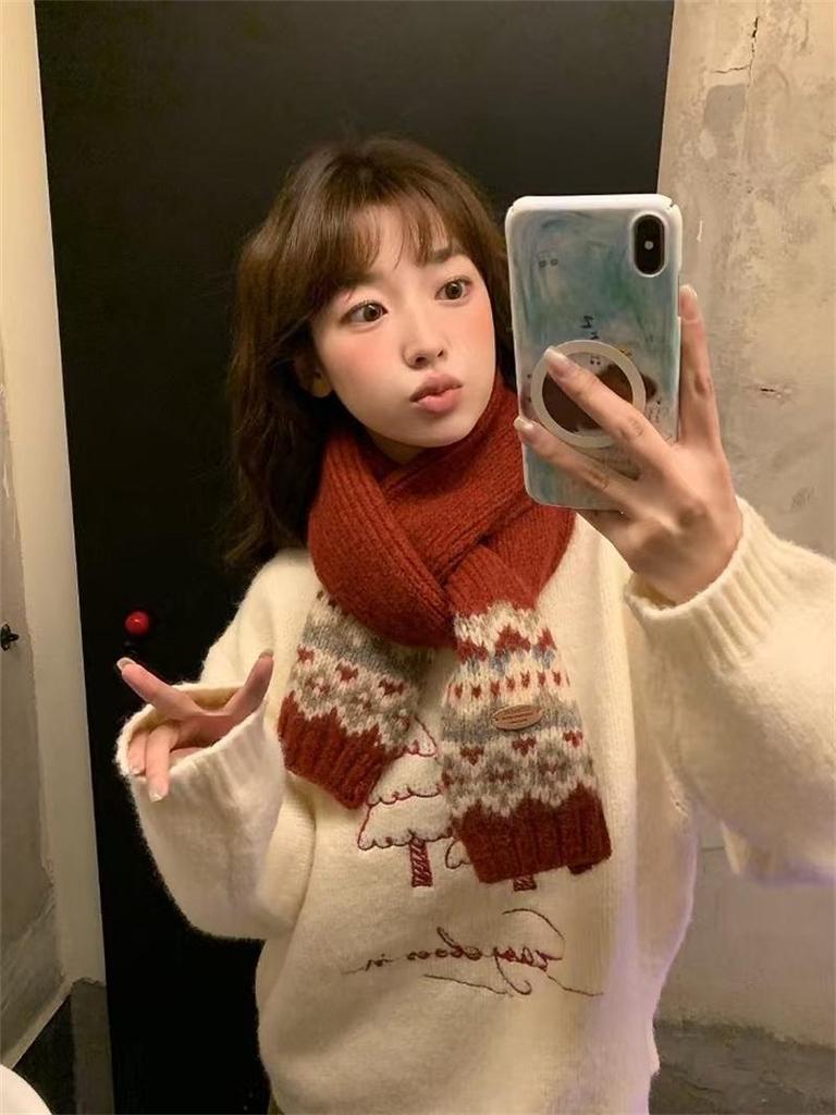 Women's Versatile Wool Blend Fair Isle Scarf for Autumn and Winter