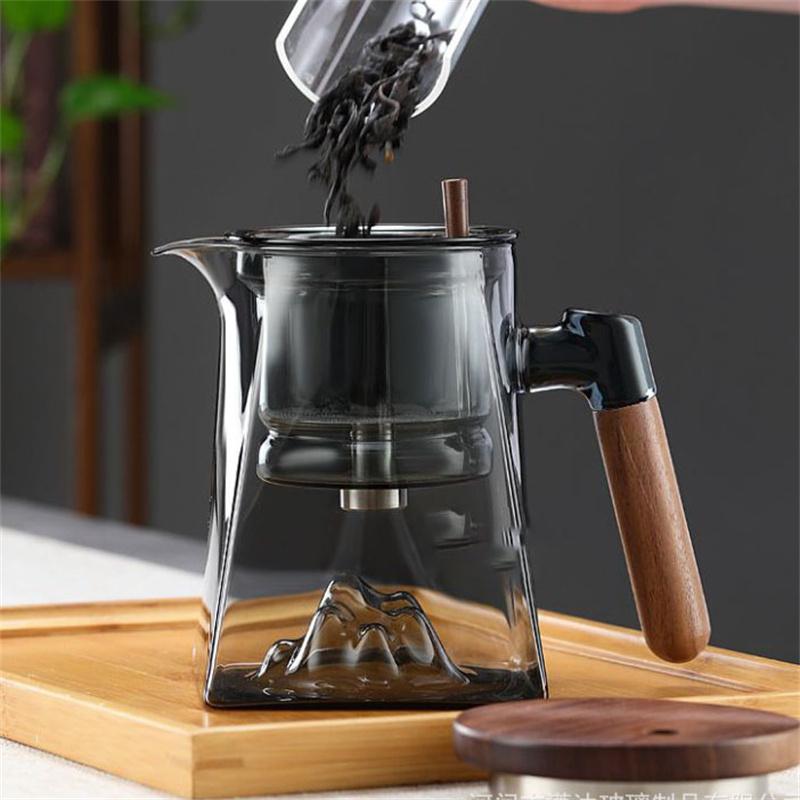One Click Tea Separation Filtration Bottom Mountain View Glass Teapot With Wood Handle 700ml Kungfu Tea Water Separation Tea Pot