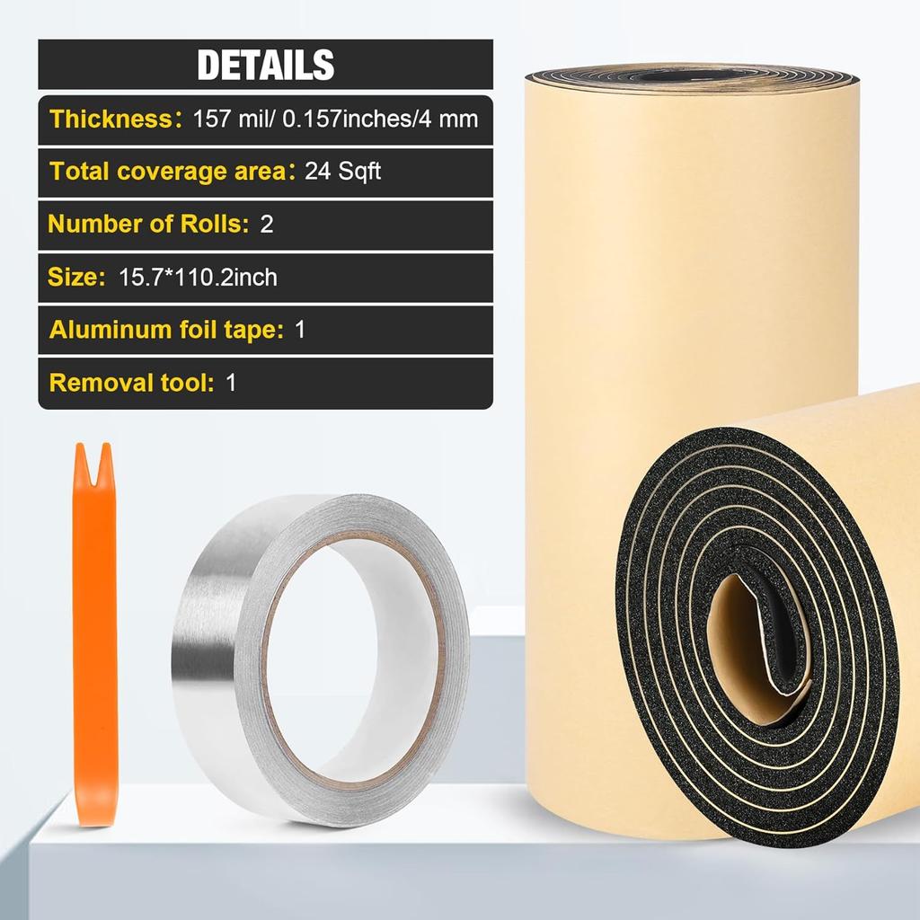 Sound Deadening Material For Cars 157Mil 4Mm 24Sqft Adhesive Automotive Sound Dampening Mat Closed Cell Foam Soundproof Deadener Noise Reduce & Heat