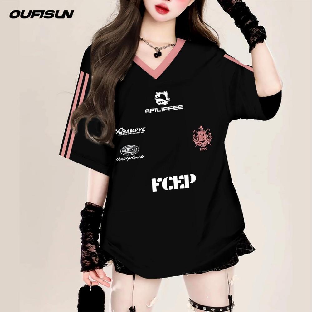 Pink Jersey T-shirt Girls V-neck T-shirt Oversize Women's Shirt Short-sleeved Summer Casual Printed Trendy Brand Fashion Streetwear Tops