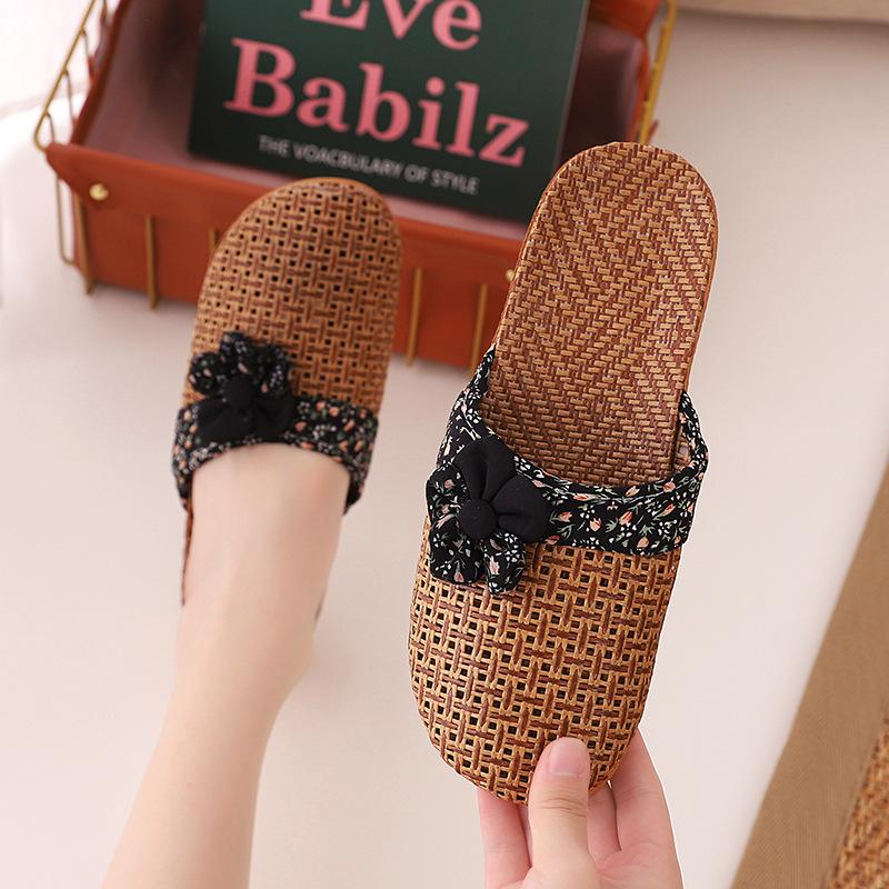 Linen Home Slippers Women Wooden Floor Slippers Couples Home Grass Mats Indoor Male Sandals Comfortable Non Slip House Shoes Bathroom