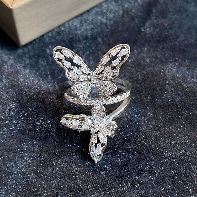 1PC Environmentally Friendly Double Hollow Butterfly Zircon Inlaid Opening Fashionable Super Fairy Design High-end Exquisite New Index Finger Ring