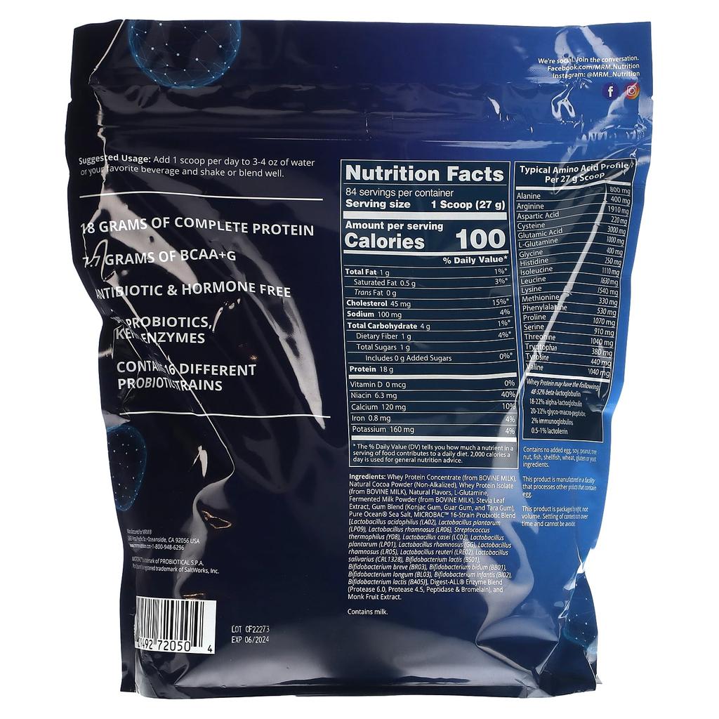 MRM Nutrition, Whey Protein, 2 Billion Probiotic, Chocolate, 5 lb (2,270 g)