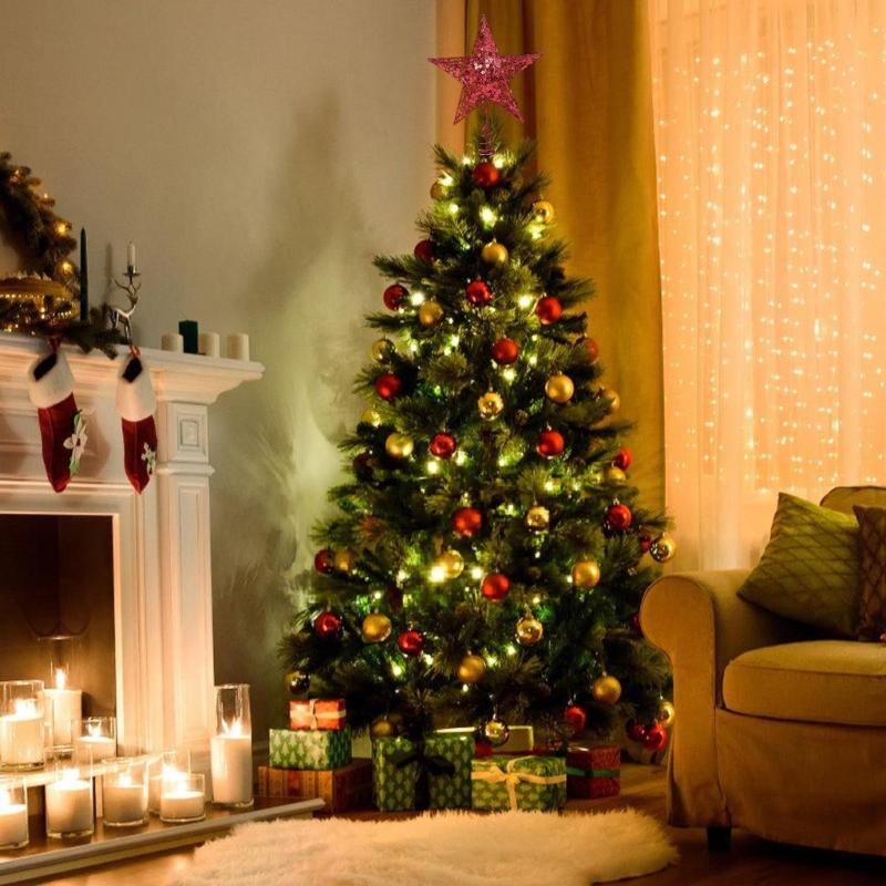 Zlatá třpytivá hvězda na vánoční stromek, dutá kovová hvězda, ozdoba na vrchol stromku, pro sváteční párty dekoraci