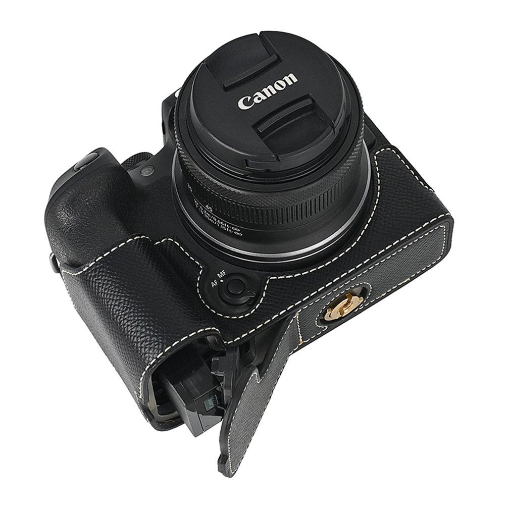 R10 Etui Pół-Kamerowe ze Skóry PU z Wzorem Dłoni dla Canon EOS R10 Z Otworem na Baterię Dolna Pokrywa z Paskiem na Rękę