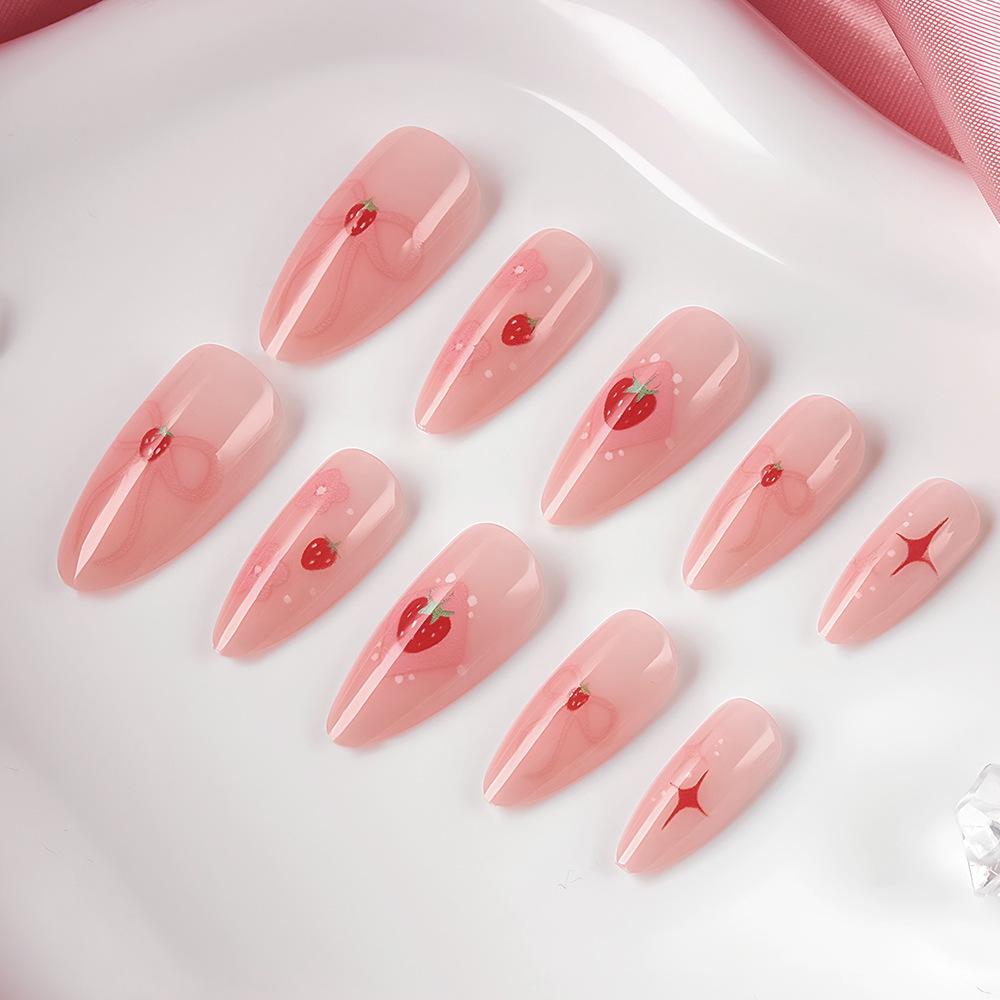 Punte Unghie Fiori Fragola Rosa Lucido Mandorla con Fiocco - 24 Pezzi Staccabili