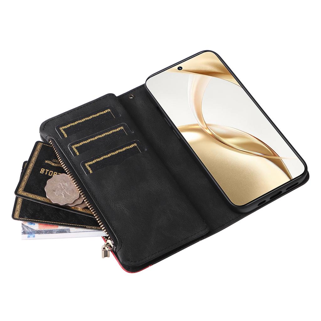 For Honor 200 5G Leather Case with Strap Zipper 9 Card Slot Phone Cover Stand