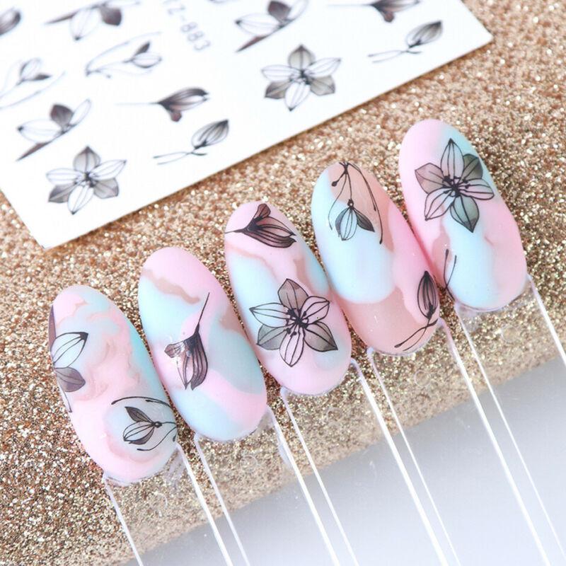 14 Sheets Nail Art Stickers Ink Outline Flower Water Transfer Decals Tips DIY
