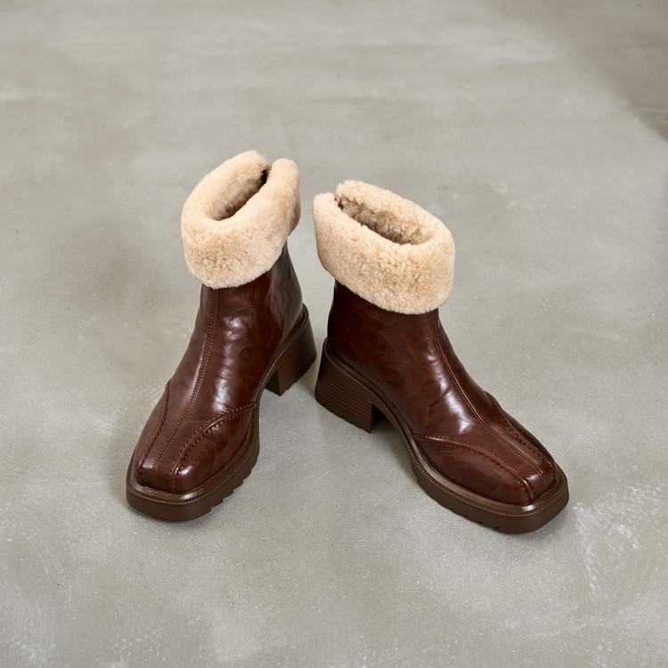 

2025 осень и зима новые ретро квадратный носок овчина набивная утолщенные короткие ботинки женские средний толстый каблук теплые шерстяные зимние ботинки 41