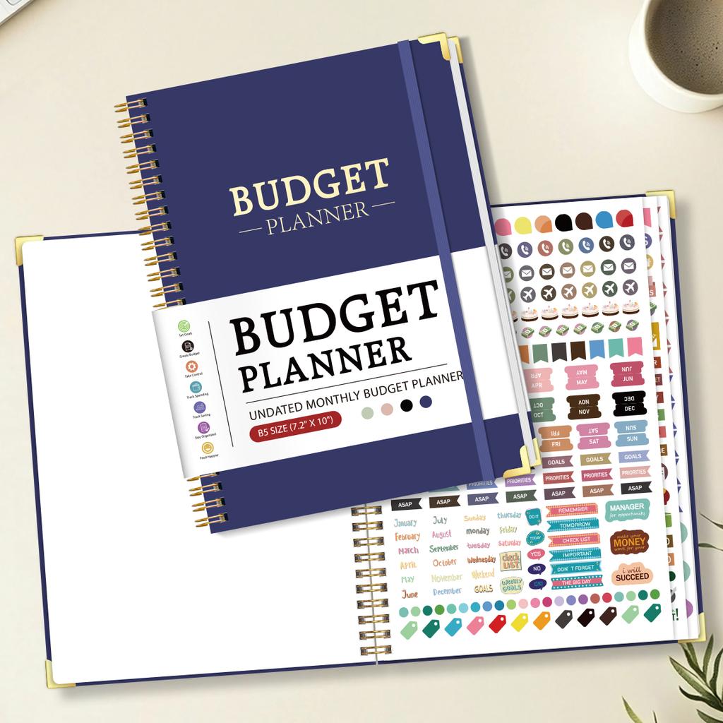 1Pc Blue Undated Budget Planner Spiral Monthly Finance Organizer With Savings Tracker Debt Tracker Expense Log Stickers
