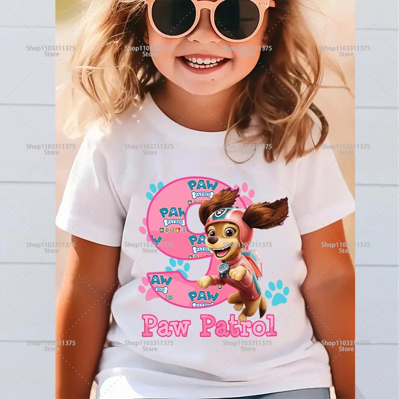 Süßes PAW Patrol Zahlen-T-Shirt Cartoon Mädchen Kleidung Kurzarm Sommer Kleinkind Baumwolle Geburtstag Kinder Outfit Outdoor Kleidung Geschenke