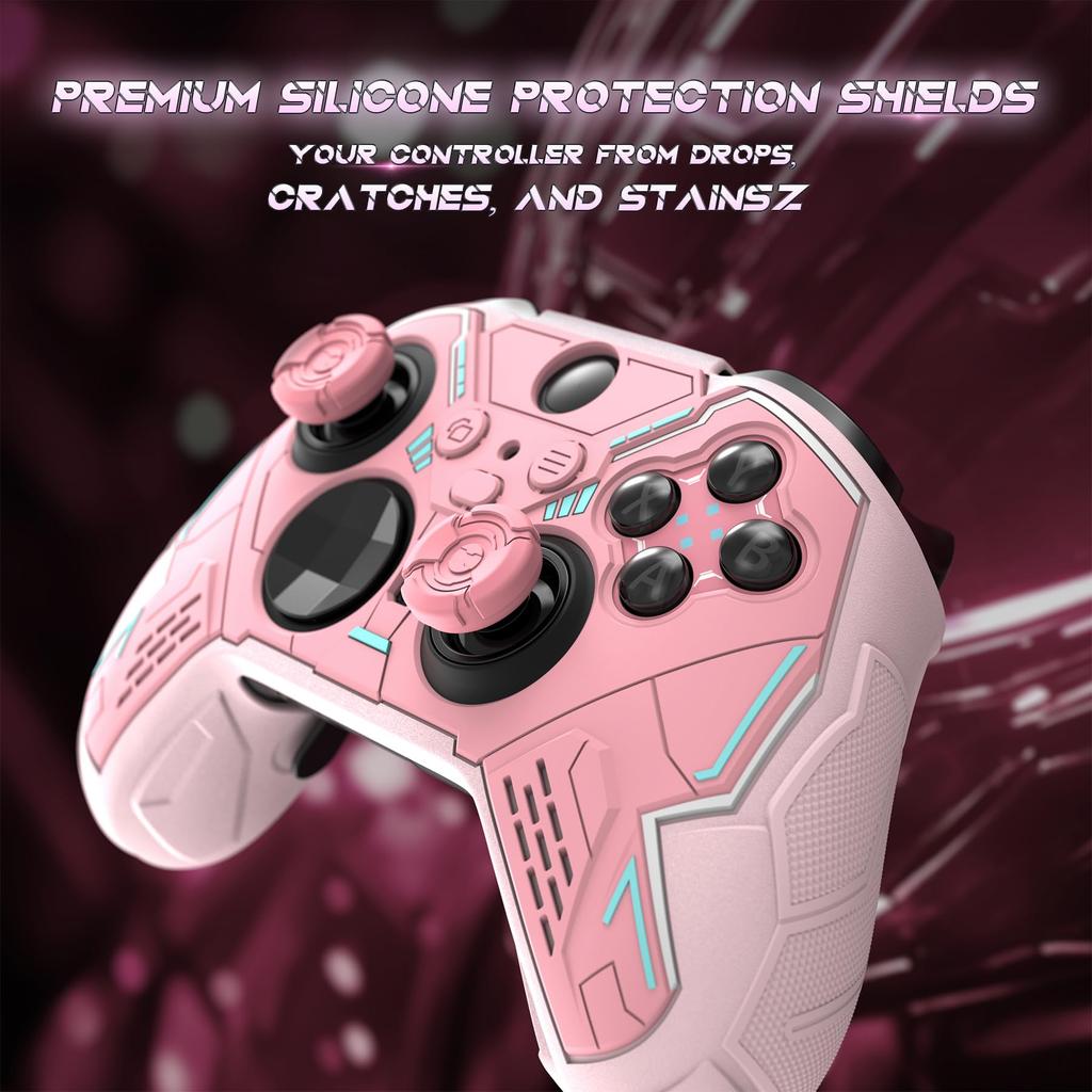 PlayVital Stellar Mecha Silicone Protective Cover for Xbox Elite Series Grip Protector with 2 Thumb Grip Caps and Mechanical Pink 2, Non-Slip