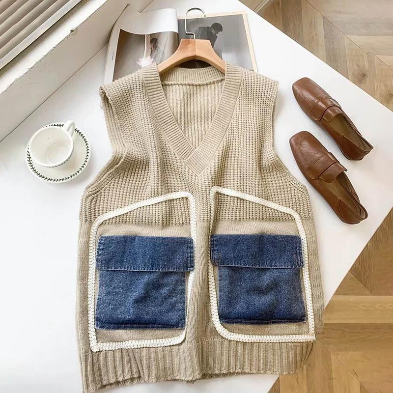 

Вязаный жилет женский свободный майка без рукавов свободный свитер жилет утолщенный повседневный круглый вырез жилет Average Size бежевый