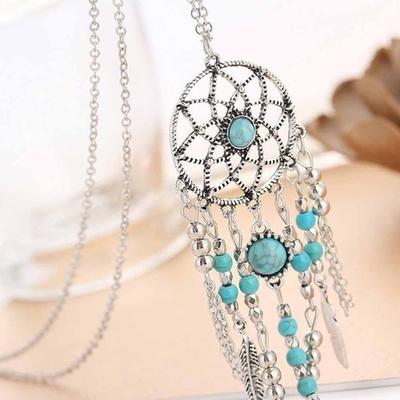 Boho Dreamcatcher Tüy Turkuaz Püskül Zincir Charm Kolye Kadın Takı