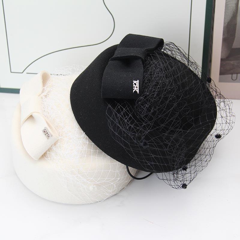 Vintage mesh beret women's wool woolen bow top hat French socialite elegant banquet photo hat tide