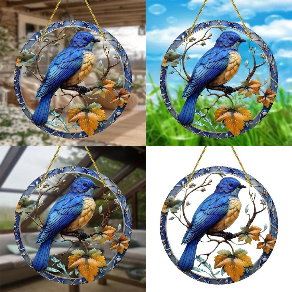 Blue Bird Simulated Branch Pattern Circular Acrylic Pendant Garden Decoration