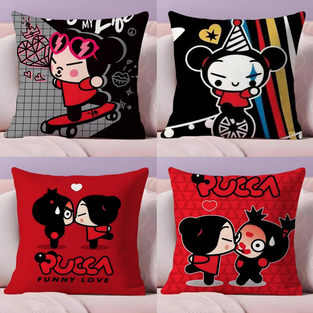 Kawaii P-Pucca Anime Cushion Cover Plush Fabric Soft Double-Sided Printed Sofa Pillow Case Colorfast Home Decor Gift