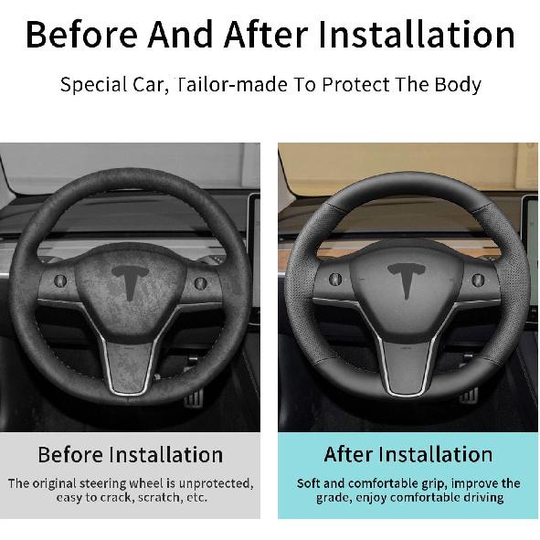 Hand Sewn Steering Wheel Cover,Fit For Tesla Model 3 2017-/Model Y -,Non-Slip Breathable Microfiber Leather Steering Wheel Cover On Wrap Car Interior