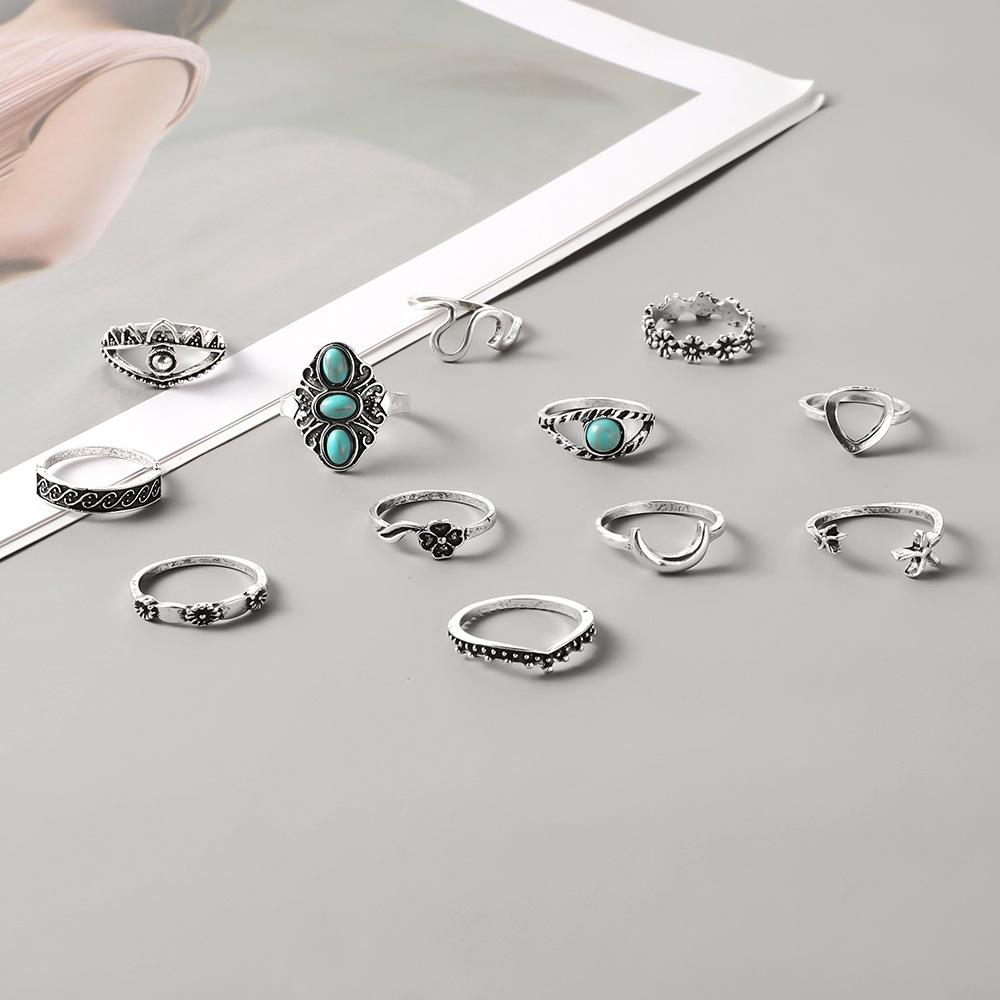 Ring Vintage Turquoise Crescent Carving Hollow 12 Piece Set Ring Women