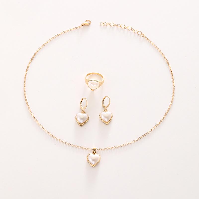 Elegant Pearl Heart Necklace, Earrings, and Ring Set – French-Inspired Jewelry Trio