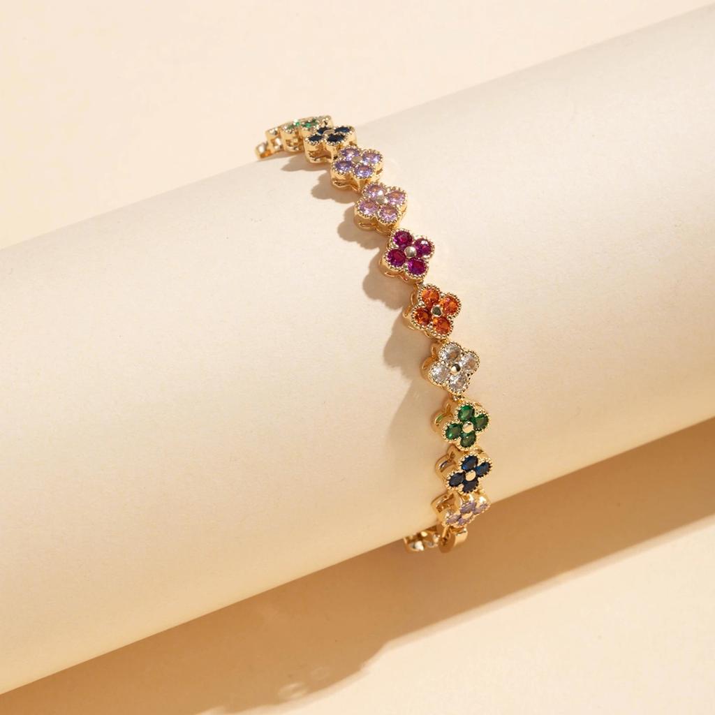 A Colorful Lucky Four-Leaf Flower Bracelet Inlaid With Zircon, Luxurious And High-End Small Fragrance , Versatile For Women