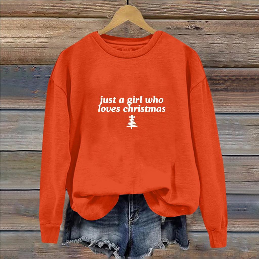 Women's Casual Loose Solid Color Christmas Letter Printed Round Neck Long Sleeved Sweatshirt