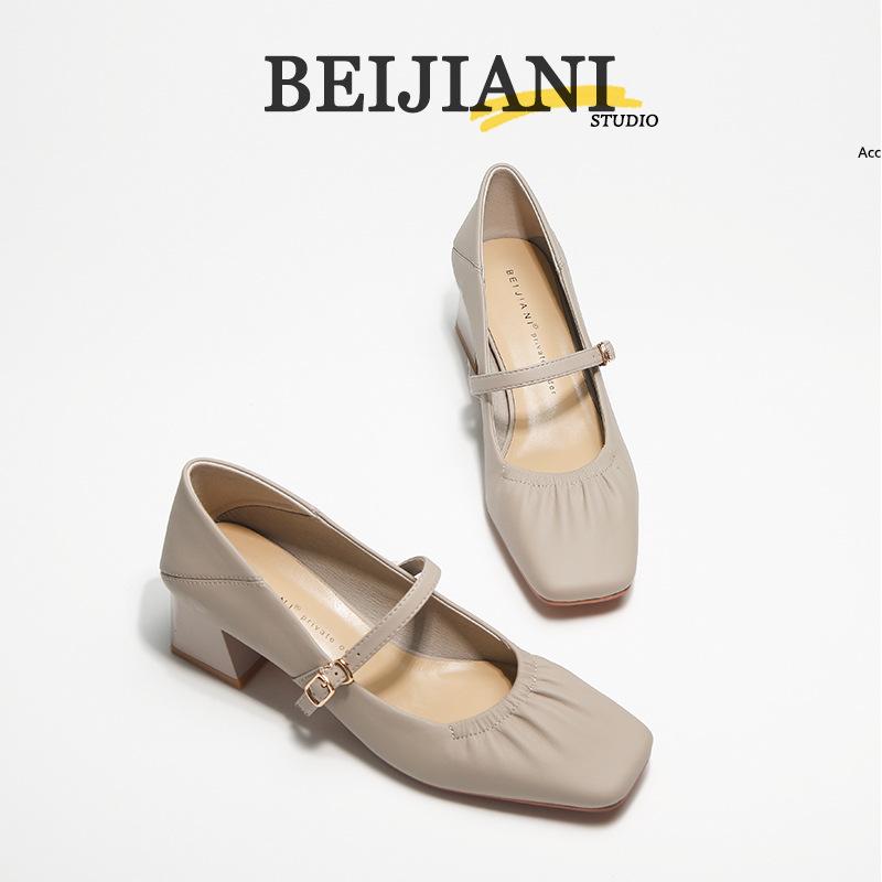 BEIJIANI Mary Jane na grubym obcasie ze skóry owczej - Damskie miękkie skórzane buty z jednym paskiem