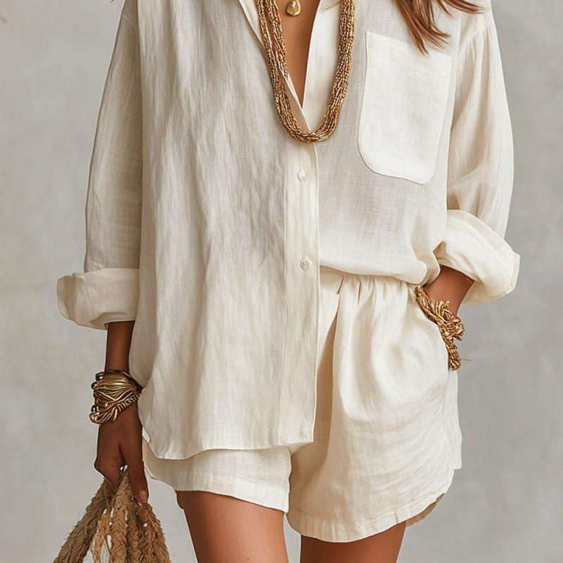 Lazy Shirt Set Fashionable Solid Color Shorts Two-piece Women