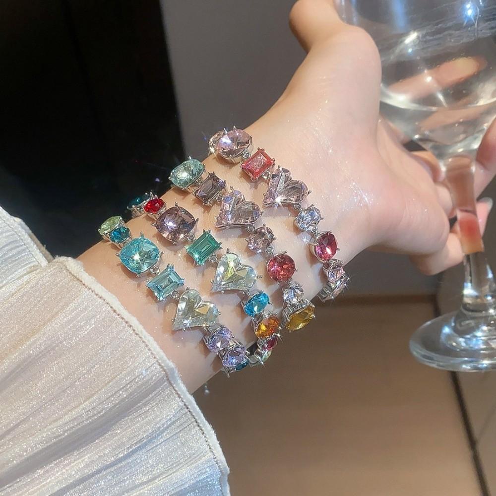 Square Round Colorful Rhinestone Bangle Love Heart Women's Hand Bracelet  Party Dress